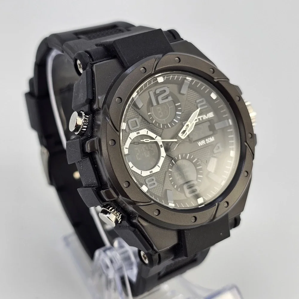 Findtime Men's Analog Digital Sports Watch 45MM Black Plastic Bands New Battery